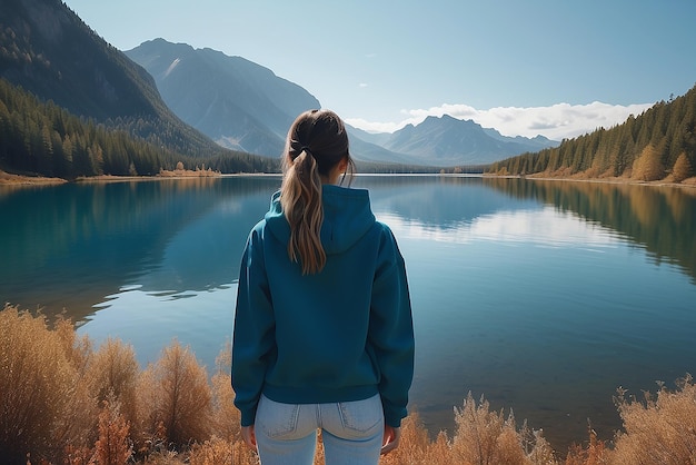 A young woman standing in front of a lake created with generative ai