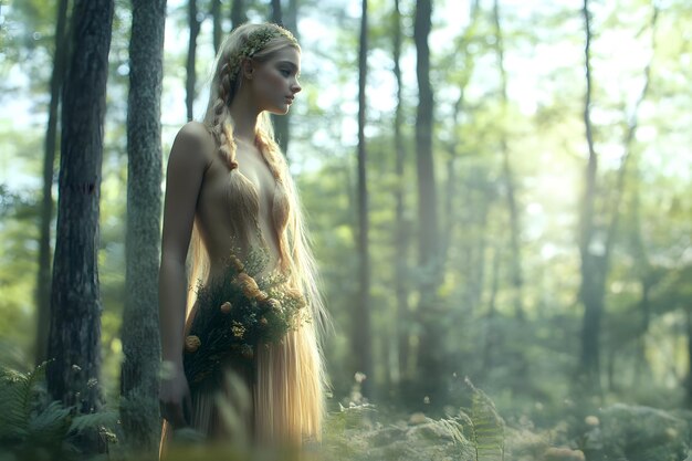 A young woman standing in a lush forest wearing a flowing gown with sunlight