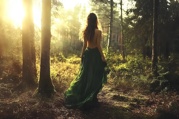 A young woman standing in a lush forest wearing a flowing gown with sunlight