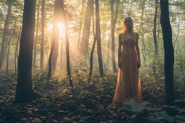 A young woman standing in a lush forest wearing a flowing gown with sunlight