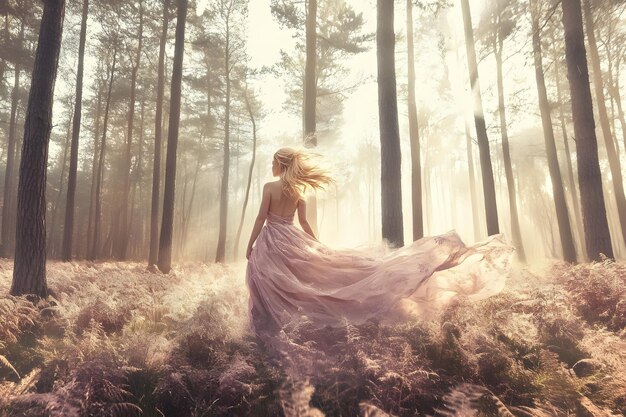 A young woman standing in a lush forest wearing a flowing gown with sunlight