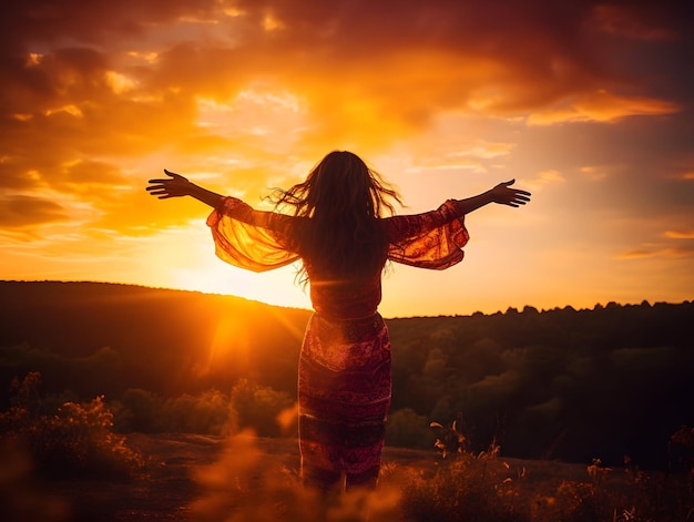 Young woman standing in a meadow feeling happy and free a freedom woman female mental health