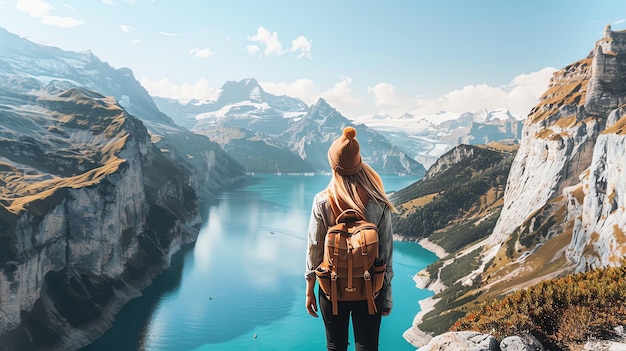 Young woman standing on a mountaintop overlooking a beautiful lake and snowcapped mountains