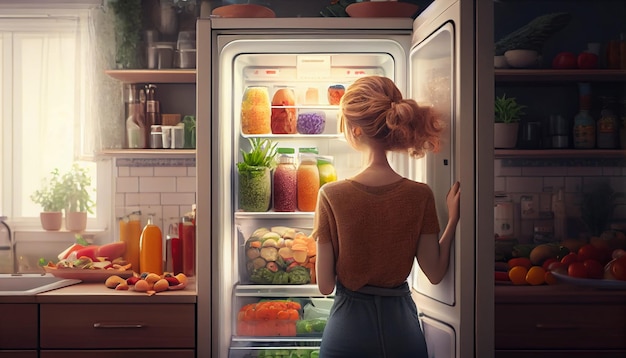 Young woman standing near open fridge full of healthy food vegetables and fruits Generative Ai