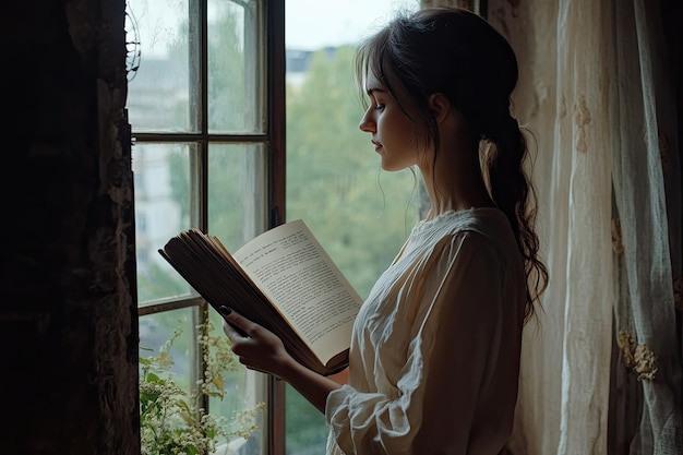 Young woman standing near the window reading an old book