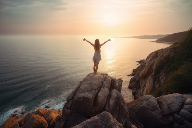 Young woman standing on a seaside rock cliff edge with her arms outstretched symbolizing freedom Generative AI