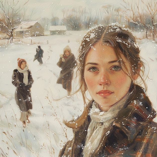 A young woman standing in the snow surrounded by six others