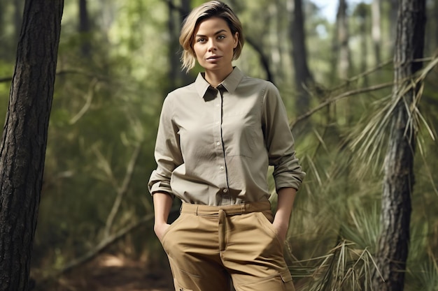 Young woman standing in the woods wearing a shirt and trousers