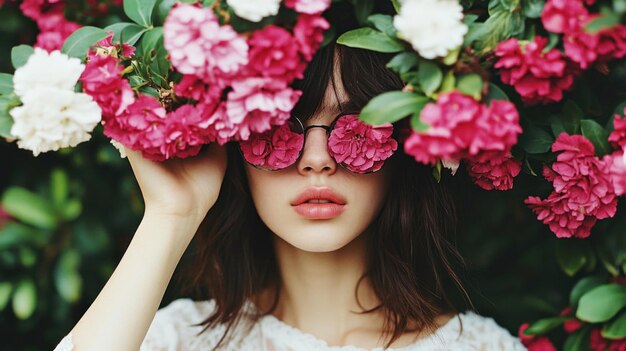 Photo a young woman stands amidst blooming pink and white flowers shielding her eyes with fashionable sunglasses while enjoying the beauty of nature on a sunny spring day