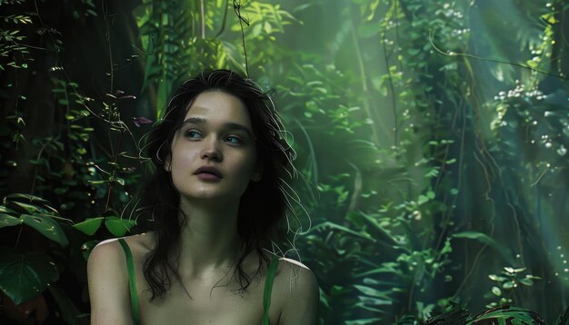 Photo a young woman stands among green vines in a lush tropical jungle