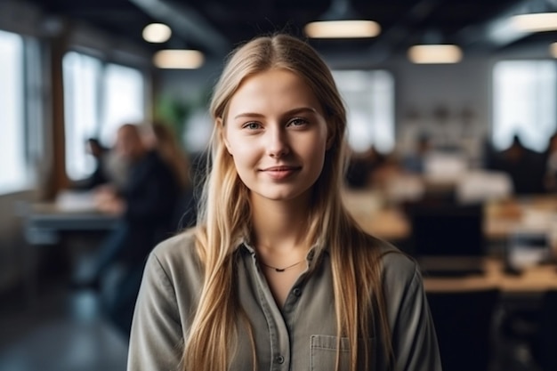 A young woman stands in a busy office with a blurred background.