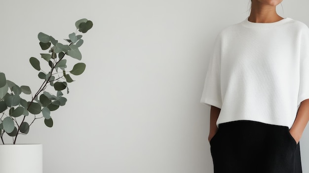 A young woman stands by a plant modeling a simple tshirt in a chic setting