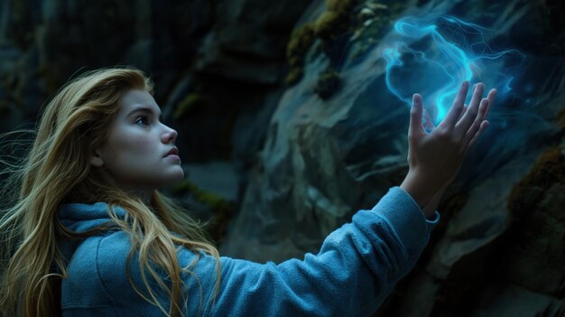 Photo a young woman stands in an enchanted forest at twilight extending her hand towards a glowing blue energy forming above a mosscovered rock face