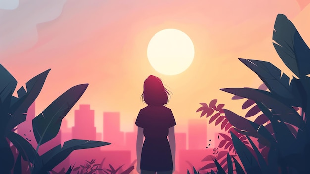 A young woman stands in a field of tall grass looking out at a city in the distance The sun is setting and the sky is a deep pink color