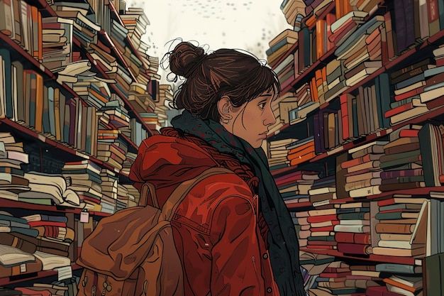 A young woman stands in a library surrounded of book