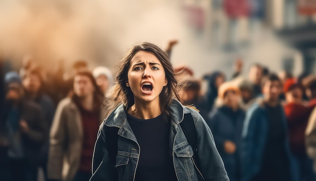 young woman stands scream in front of a crowd