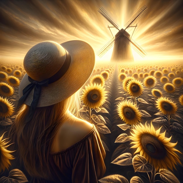 A young woman stands with her back to us and looks at a large field of sunflowers Old millet ahead