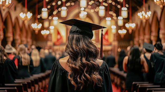 Young woman stands with his back graduation celebration