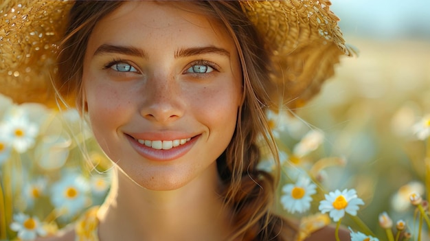 Young woman in a straw hat on a camomile field