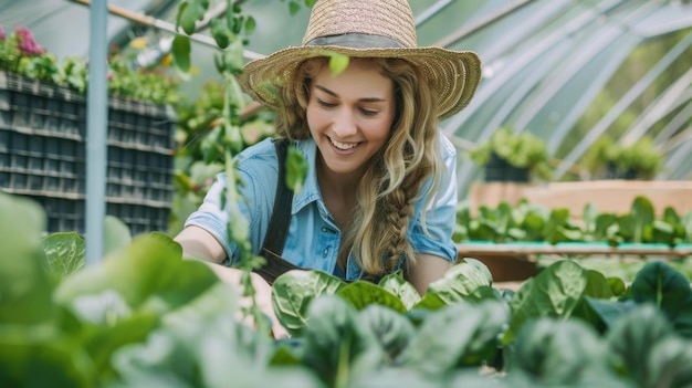 Young woman in a straw hat caring for plants in a greenhouse