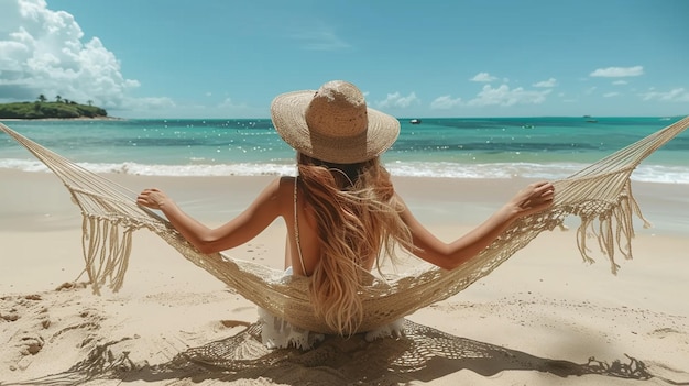 Young woman in straw hat relaxing in hammock on tropical sand beach