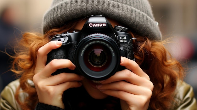 Young woman street photographer capturing urban moments with camera on city streets