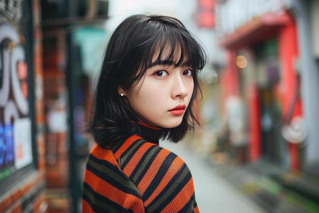 Young woman in striped sweater on urban street