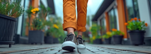 young woman strolling along the street in a cropped picture wearing a chic jumpsuit and black shoes