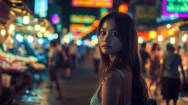 Young Woman Strolling Through Bustling Night Market