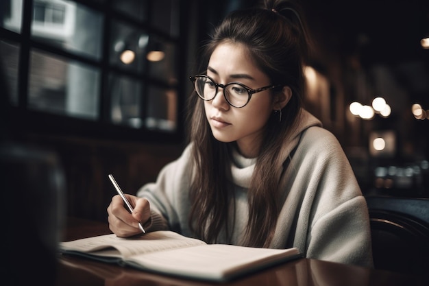 A young woman studying in a cafe created with generative ai