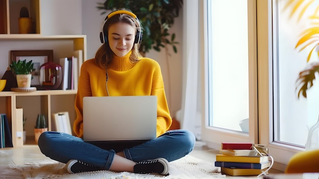 Young Woman Studying at Home with Laptop and Headphones in Cozy Living Room relaxed work trendy