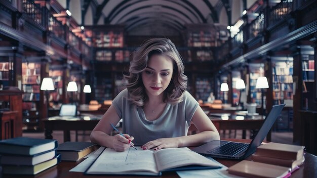 Young woman studying at the library