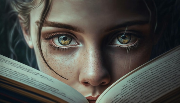 Young woman studying literature holding book indoors generative AI