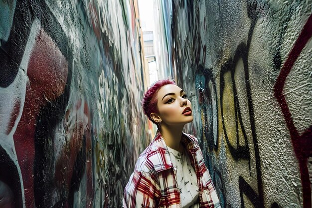 Photo a young woman in stylish streetwear posing confidently in a vibrant urban setting