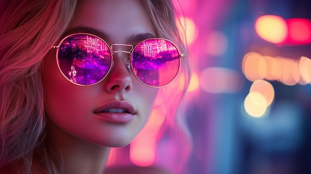 Photo a young woman in stylish sunglasses with a vibrant neon background during an evening out in the city