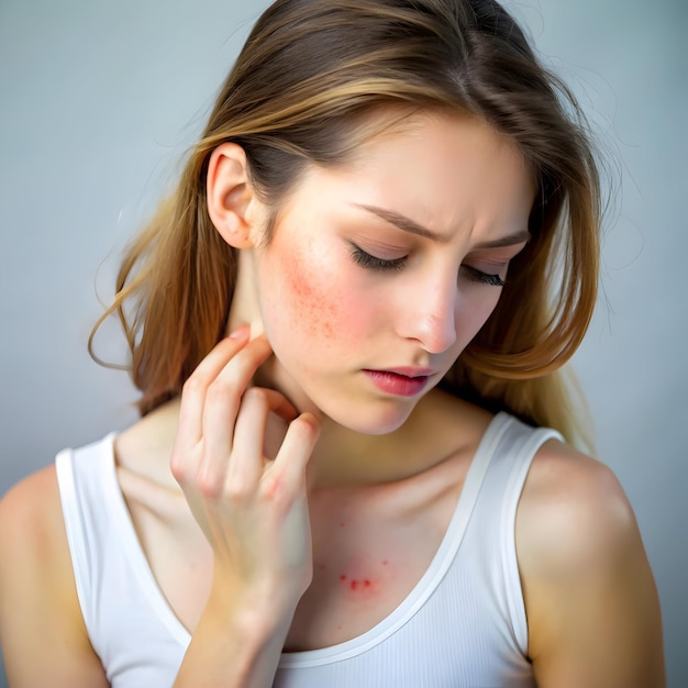 young woman suffering from itching on her skin