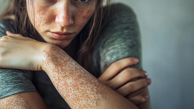 Young woman suffering from severe skin allergy or illness