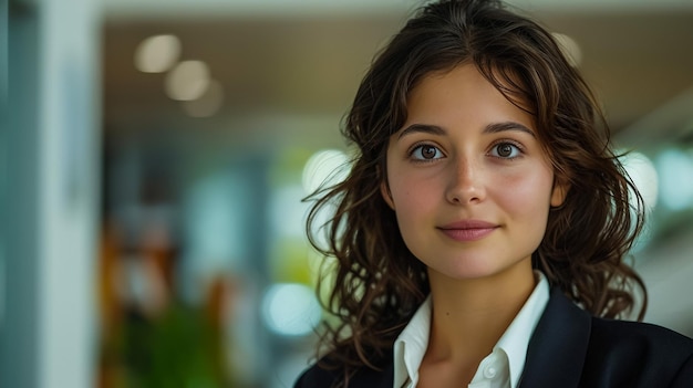 a young woman in a suit with a smile on her face