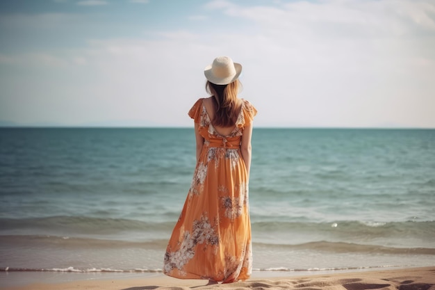 Young woman in summer dress standing by sea beach AI generated