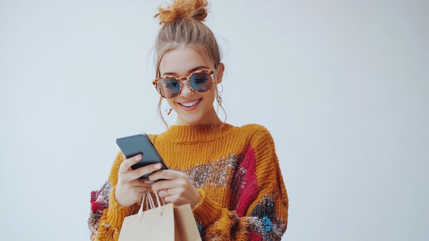 Young woman in sunglasses and stylish dress checking her smartphone for fashion deals while holding shopping bags with a playful smile on her face on white background