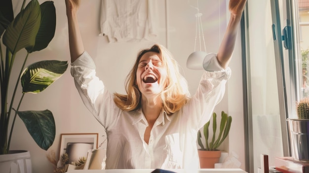 Photo a young woman surrounded by indoor plants in her cozy home jubilantly raises her arms in triumph epitomizing joy and personal achievement