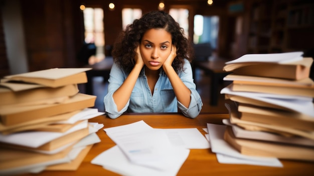 A young woman surrounded by stacks of books looking stressed