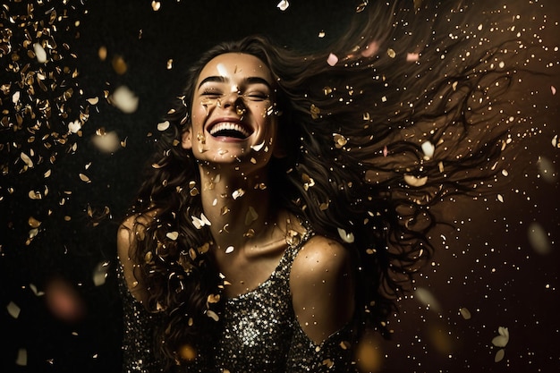 Young woman surrounded golden confetti having fun and dancing at party generative AI