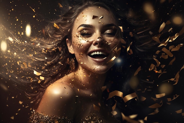 Young woman surrounded golden confetti having fun at party generative AI