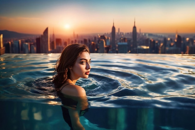 Young woman swimming in infinity pool with city behind her