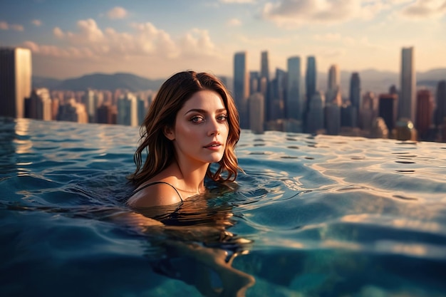 Young woman swimming in infinity pool with city behind her