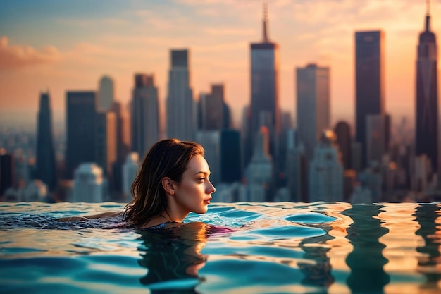 Young woman swimming in infinity pool with city behind her