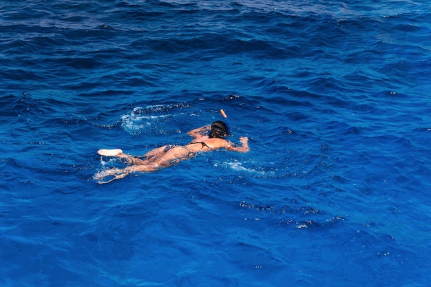 Young woman in swimsuit snorkeling