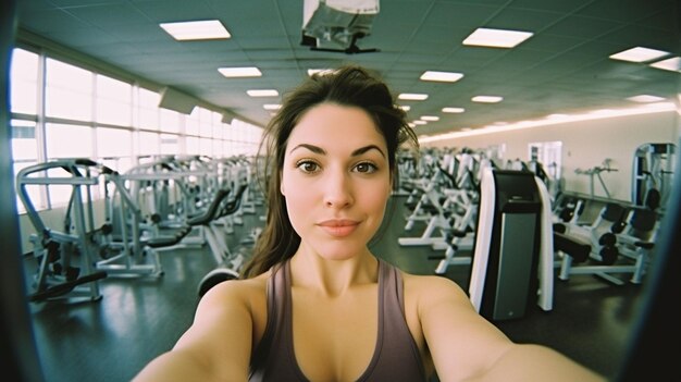 Young woman takes a selfie in an empty gym showcasing fitness equipment in the morning light