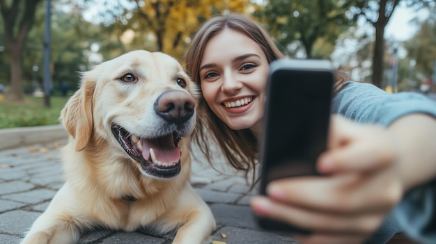 Photo a young woman takes a selfie with her smiling golden retriever during a sunny day in the park surrounded by colorful autumn trees